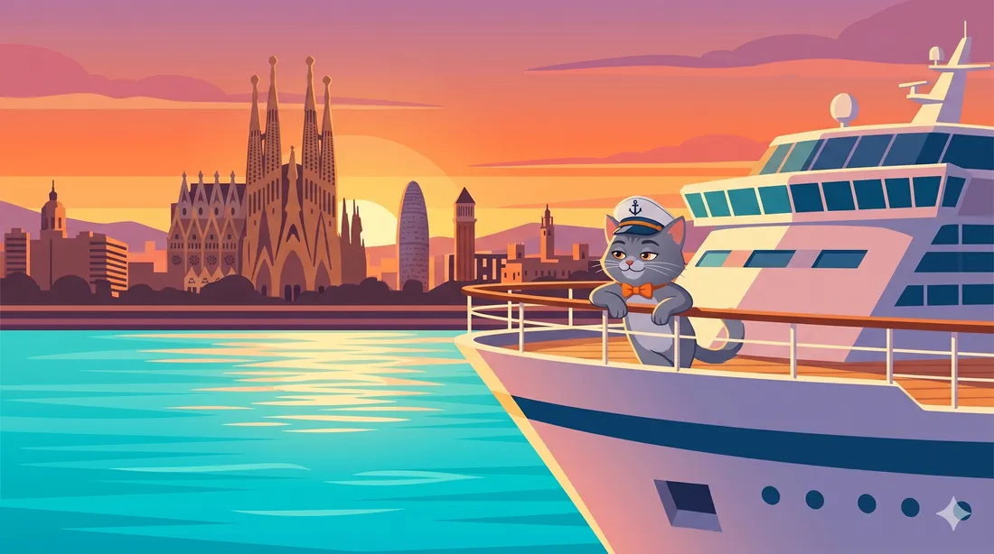Crucero por el Mediterráneo atracado en el puerto de Barcelona con la ciudad de fondo